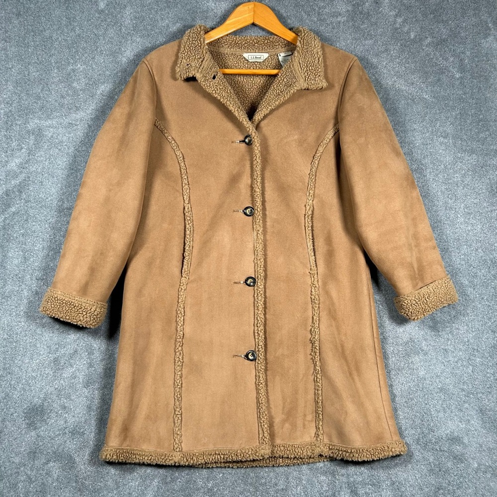 LL Bean Long Coat Faux Suede Sherpa Fleece Lined Brown Tan Women M Petite Button